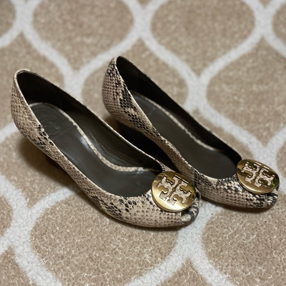 Tory Burch Shoes - Tory Burch Snakeskin Peep-Toe Heels